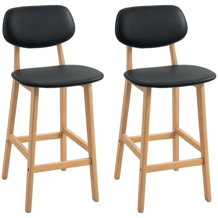 Lot de 2 tabourets de bar HOMCOM chaises hautes tabourets de cuisine revêtement synthétique avec dossier et pieds en bois noir
