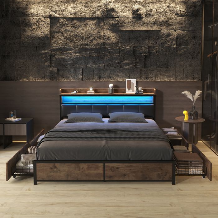 Lit Double 200x200 Cm Avec LED Festnight - Cadre En Pin, Sommier à Lattes, Télécommande - Blanc