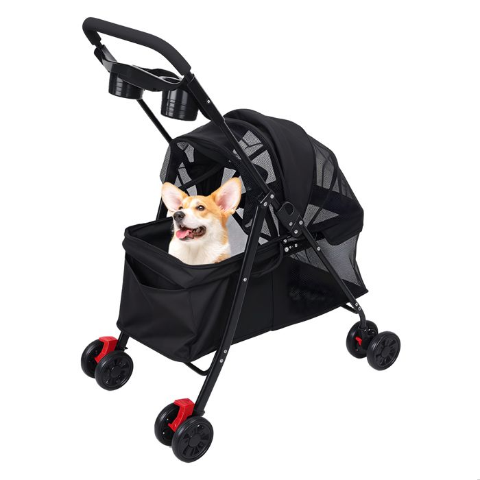 Meilleurs prix pour Poussette buggy pliable chien chat panier rangement porte - 4 roues gris 77x43x16cm Noir