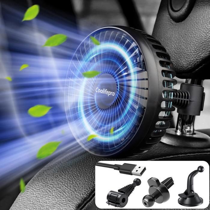 Ventilateur de Voiture - COOLIFEPRO - YMG802 - USB Rechargeable - 3 Vitesses - Rotation 360° - Coolifepro