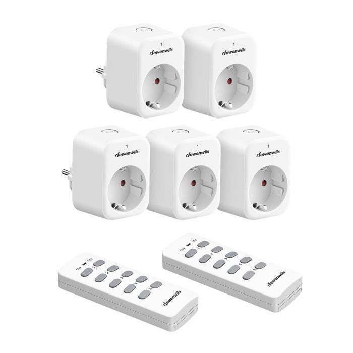 DEWENWILS Lot de 5 prises télécommandées et 2 télécommandes 10A/2300 W portée de 30m Prise EU Type E/F blanc