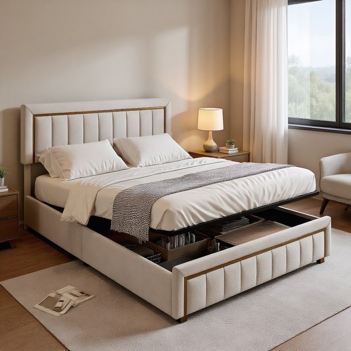 Lit coffre 160 x 200cm Lit adulte Garniture dorée hydraulique tissu en velours cadre de lit double 160x200 cm beige