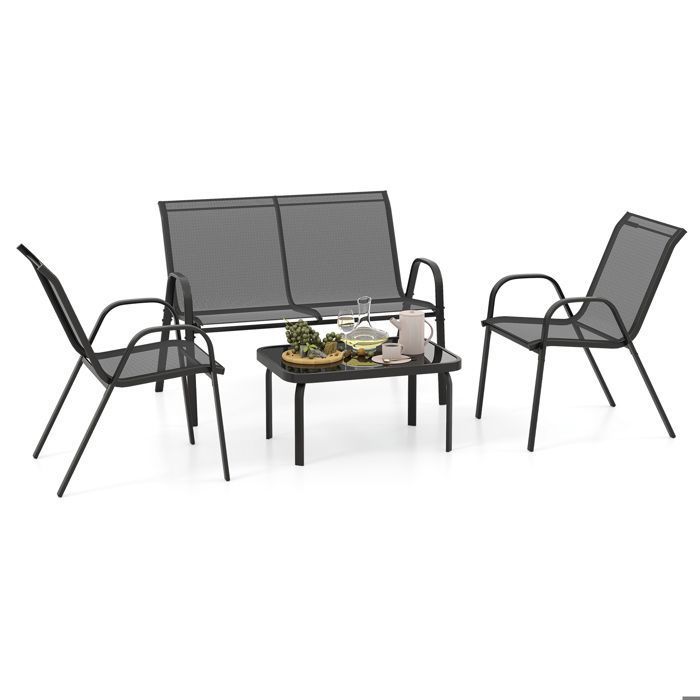 COSTWAY 4 PCS Ensemble Table et Chaises de Jardin Extérieur Chaises et Causeuse avec Siège en Tissu Plateau en Verre Trempé Gris
