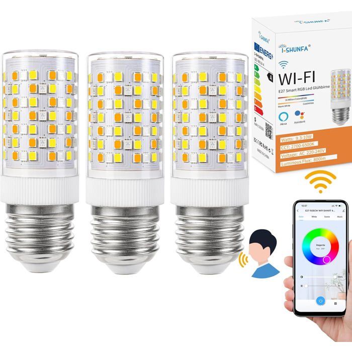 I-SHUNFA Lampadina Smart WiFi E27 10W 800Lm RGBWW – 16 Milioni Di Colori, Compatibile Con Alexa E Google Home, Sincronizzazione Musicale, 2 Pezzi