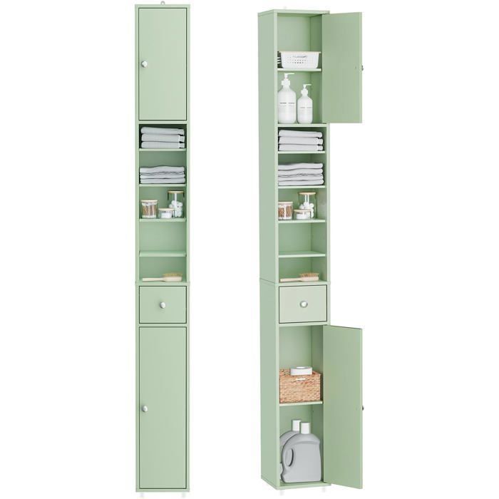 SoBuy Colonne Salle de Bain Étroite avec Tiroir et Étagères Réglables Meuble Compact 20x20x180 cm Vert pour WC et Petits Espaces