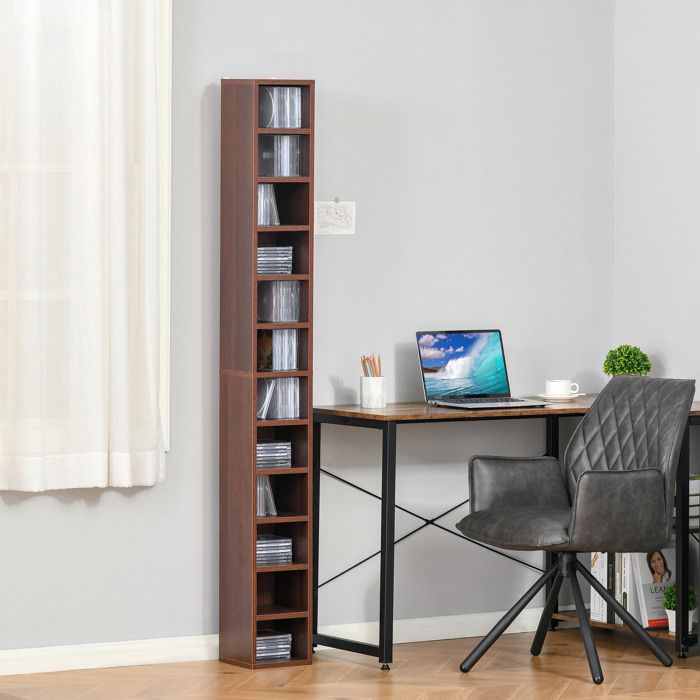 Etagère Colonne Armoire de Rangement CD/DVD 12 Compartiments Capacité Max. 204 CDs 21 x 20 x 175 cm Coloris Noyer Foncé