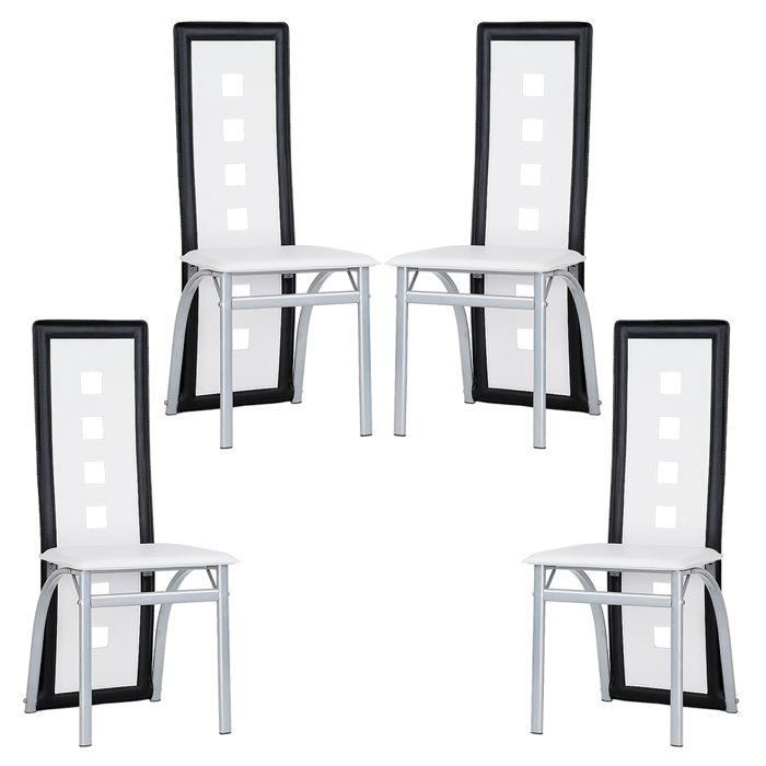 Chaise de Salle à Manger en Cuir PVC - Lot de 4 - Dossier Haut Siège Large - Style élégantes - Blanc + Noir