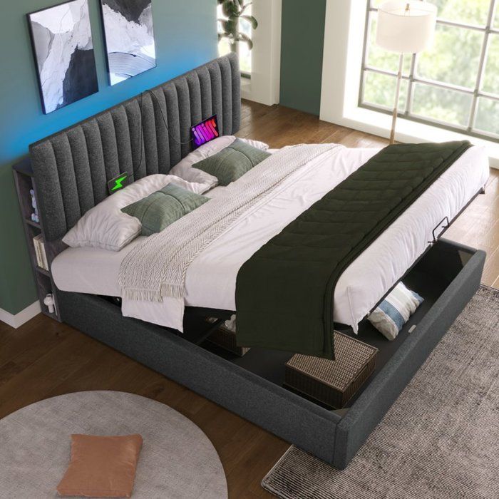 Lit capitonné - LANGTU - 160x200 - Tête LED avec USB-C - Coffre de rangement - Gris