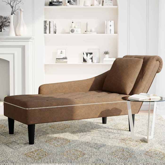 Fauteuil long en similicuir - CLARENCE - Marron - 145x56x70 cm - Accoudoir droit - Coussin inclus - Capacité 110 kg