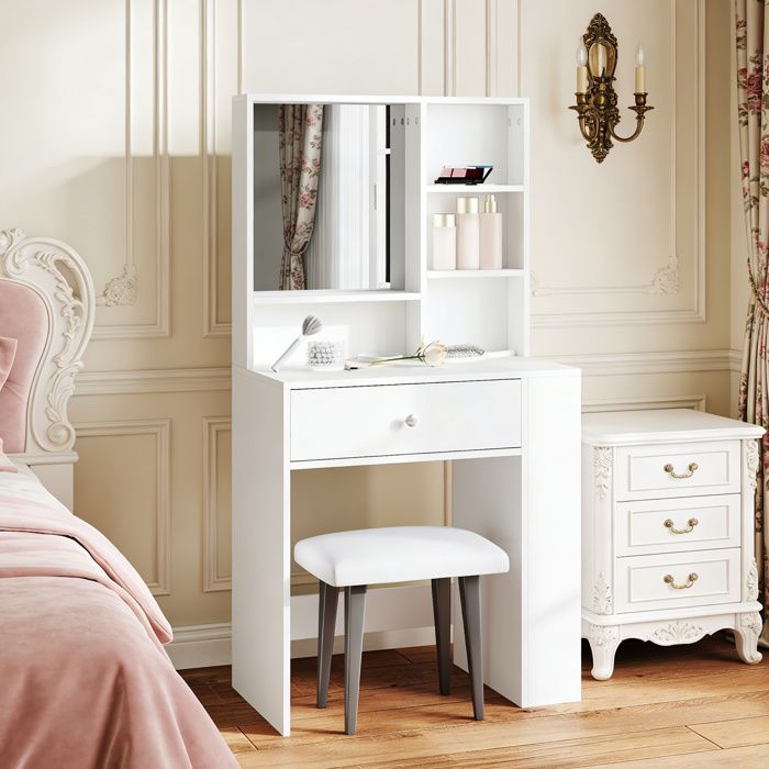 Coiffeuse - POCKETPOP - Miroir intégré - 1 tiroir + étagère 3 niveaux - Blanc 70x40x137 cm