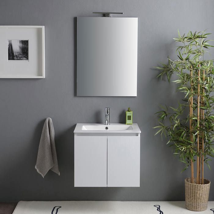 Meuble salle de bain 60 cm portes blanc brillant avec lavabo et miroir avec lampe Benaco Meuble salle de bain 60 cm portes blanc brillant avec lavabo et miroir avec lampe Benaco