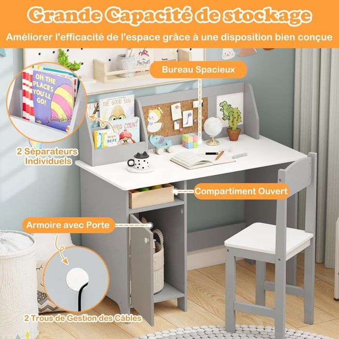 GIANTEX Bureau Enfant avec Chaise-90x45x86CM-1 Armoire à Porte+Bibliothèque Dessus+Tableau dAffichage-Gris