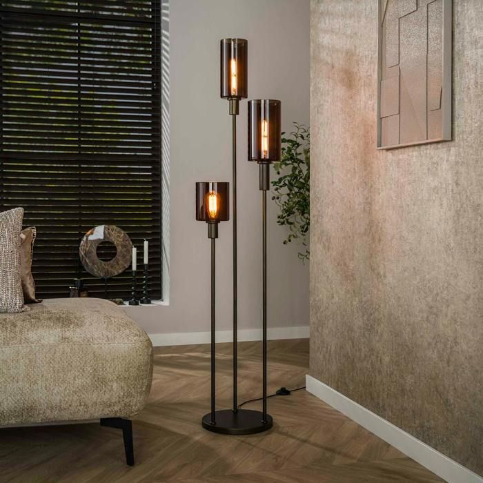 Lampadaire vintage en verre brun – 3 lampes tiges bronze NOVA