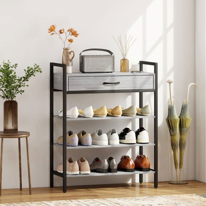 Étagère à chaussures à 4 niveaux étagère dentrée pouvant contenir jusquà 9 paires de chaussures panneaux de particules métal Étagère à chaussures à 4 niveaux étagère dentrée pouvant contenir jusquà 9 paires de chaussures panneaux de particules métal