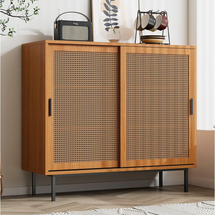Buffet de rangement style campagne en noyer avec 2 portes coulissantes