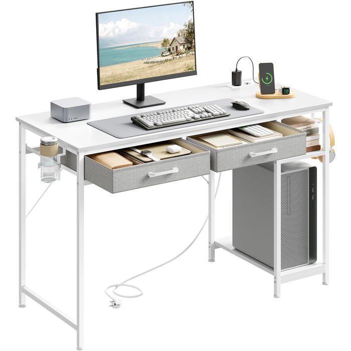 WOLTU Bureau avec Prises USB et Type-C 2 Tiroirs et 2 Étagères Bureau dOrdinateur avec Rangement 120x51x75 cm Blanc