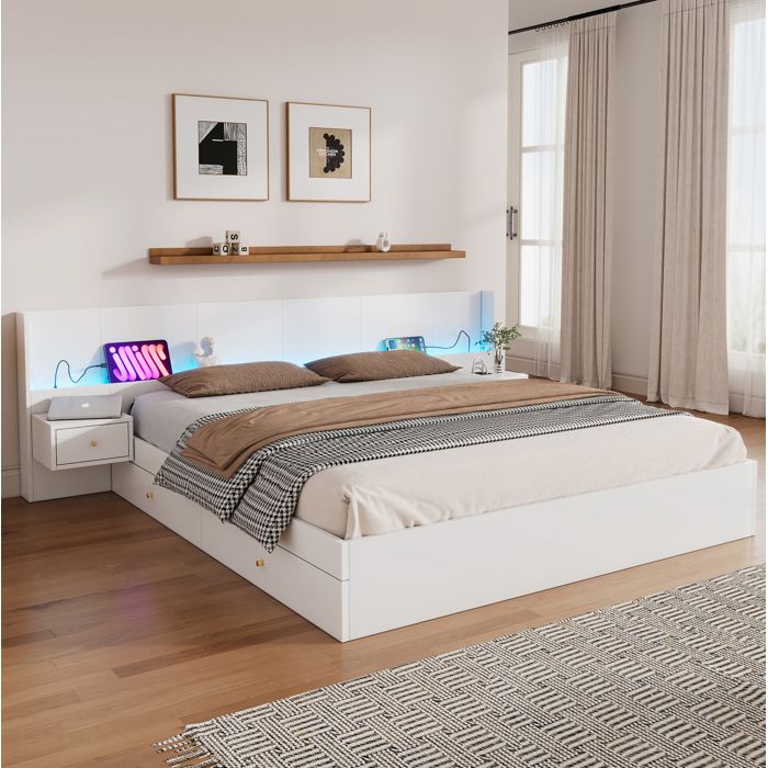 Lit double 180 × 200 cm blanc avec LED USB prise et 2 tables de chevet