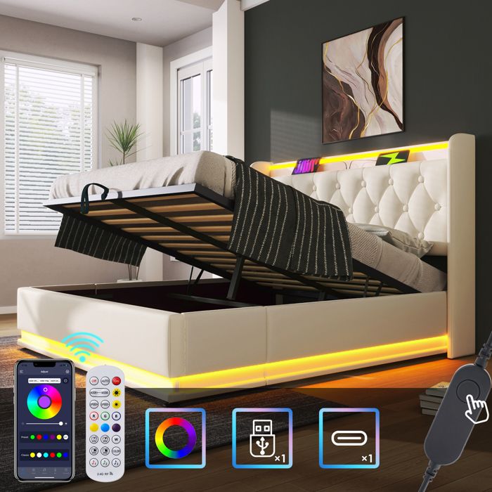 Lit double rembourré LED - Fonction LED 360° - Dimensions 140x190 cm - Matériau PU blanc