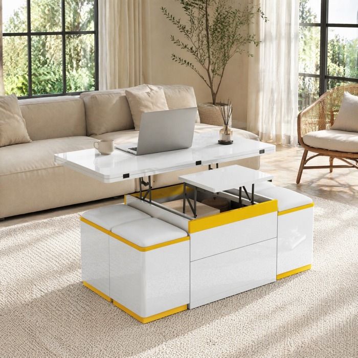 Table basse relevable et pliante avec rangement et 4 tabourets - BEAUNIV - Blanc et jaune MDF 100×50×43 cm