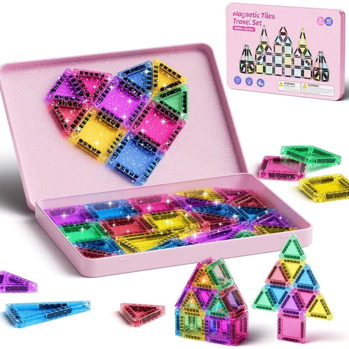 Lot de 42pcs magnétiques de Voyage à Paillettes Jouet de Voyage pour Enfants Carrelage Magnétique avec Base en Fer Blocs