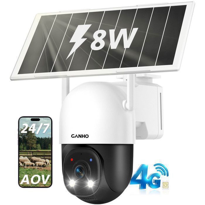 GANHO 2K 4G AOV 24/7 Solaire Caméra de Surveillance Extérieur sans Fil 3MP 8W 13500mAh SIM Batterie avec détection IA