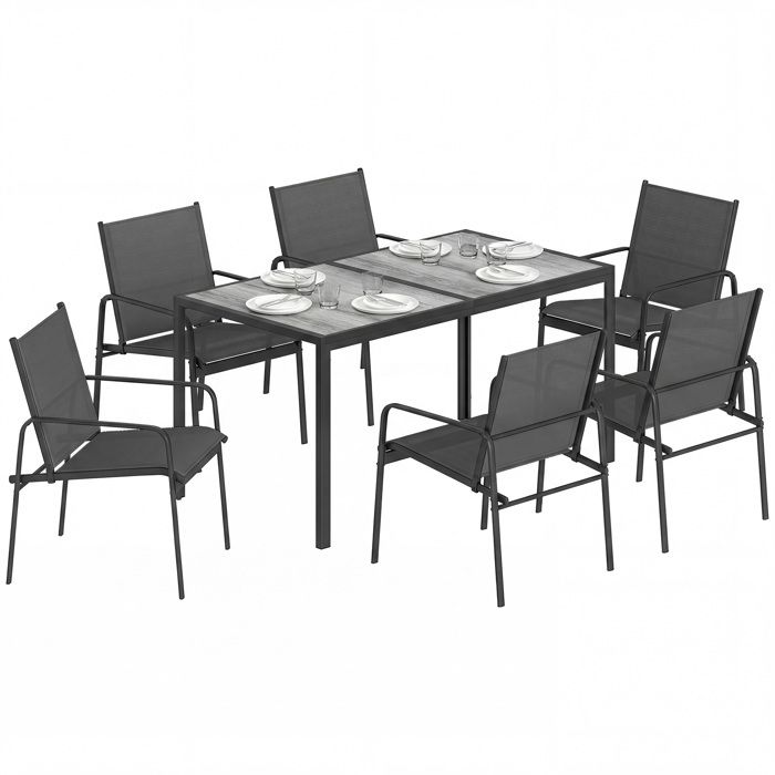 Salon de jardin - Outsunny - 7 pièces 6 personnes - table effet bois - acier et maille - noir Salon de jardin - Outsunny - 7 pièces 6 personnes - table effet bois - acier et maille - noir