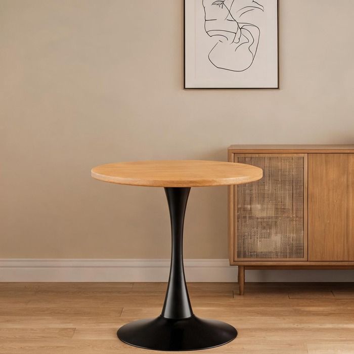 Table ronde à manger 2 places 60 cm en MDF thermoformé aspect bois pied central deep black style contemporain