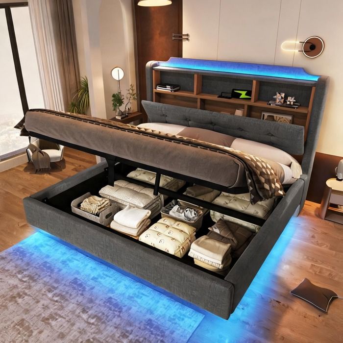 Sommier tapissier 140×200 cm avec rangement hydraulique et bandeau LED tissu lin gris