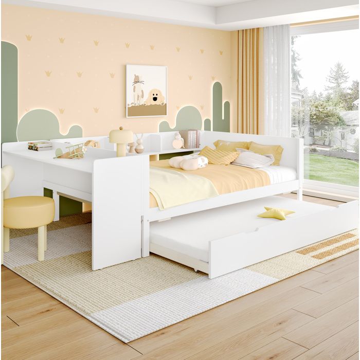 COVREO Lit combiné 140x200 cm avec bureau intégré lit gigogne étagères et finition blanche