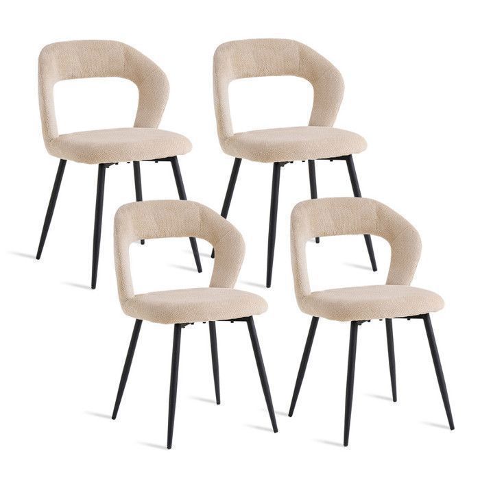 Lot de 4 chaises de salle à manger - Design vintage - Dossier ajouré - Conception ergonomique - Pieds en fer forgé noirs - Beige