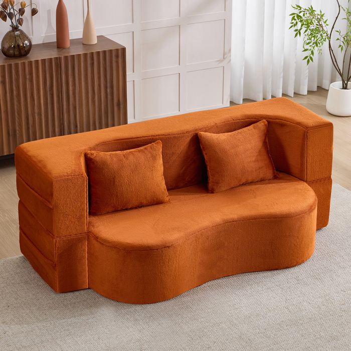 Canapé-lit convertible 2 places pliable orange mousse haute densité tissu peluche courte sans montage