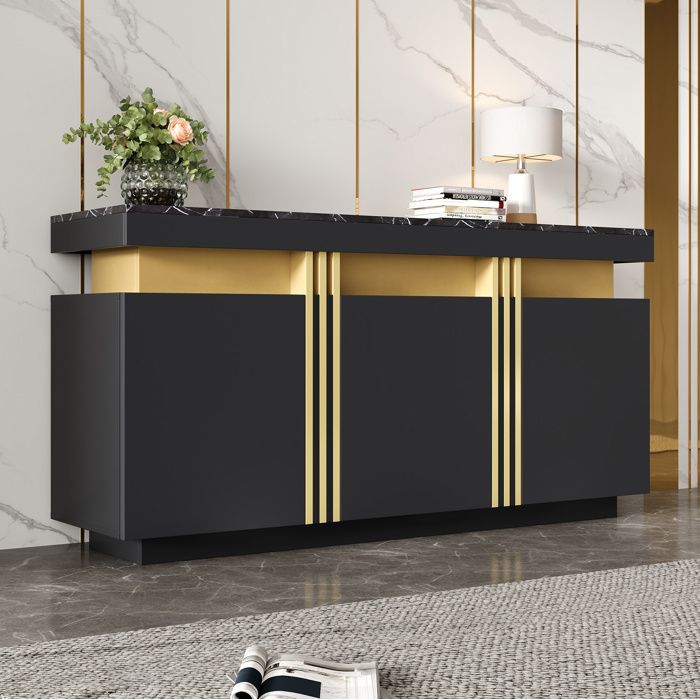 WOVREO Buffet bas 140 x 38 x 70 cm 3 portes 6 compartiments étagères réglables noir et or aspect marbre