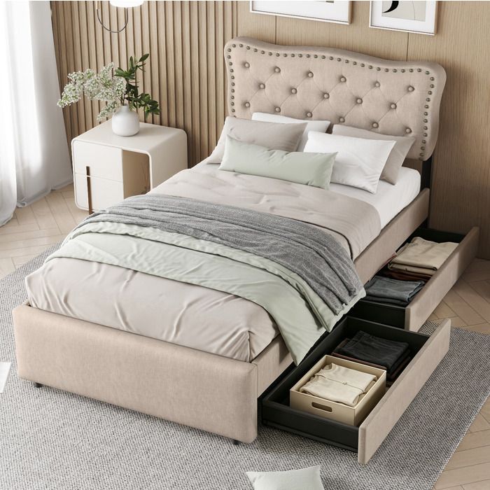Lit rembourré 90 x 200 cm beige foncé avec 2 tiroirs tête de lit capitonnée réglable et sommier à lattes