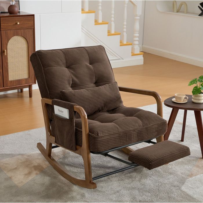 WUVRIE Fauteuil à bascule avec repose-pieds velours côtelé marron dossier réglable 3 positions