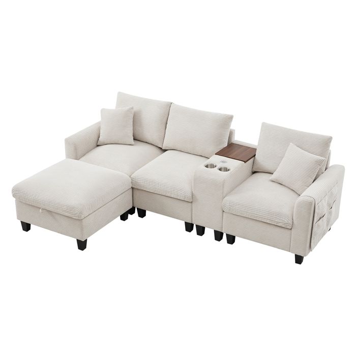 Canapé dAngle Convertible en L Velours Côtelé avec Console Ports USB Porte-Gobelets et Rangement pour Salon - Beige