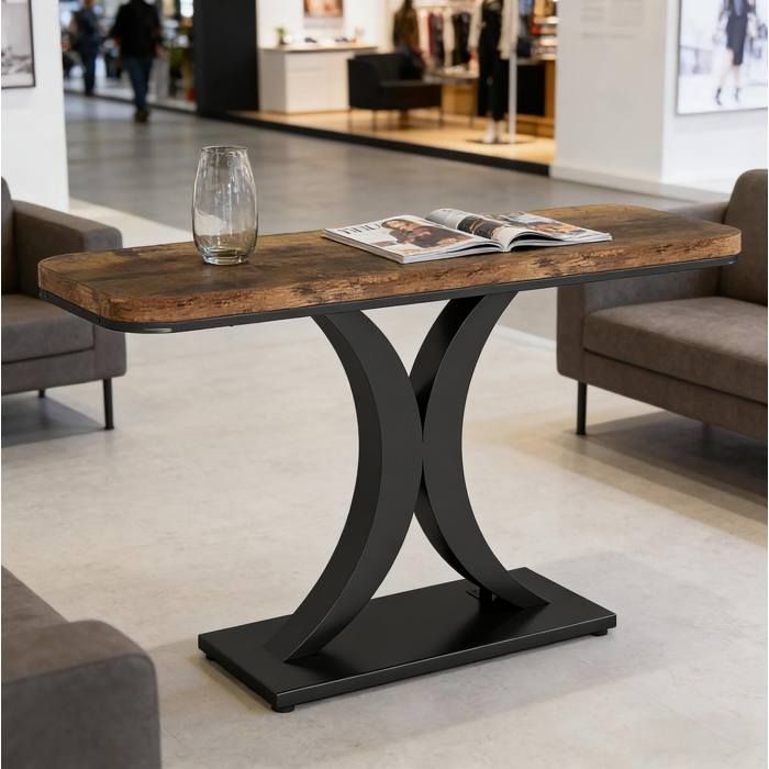 Table console industrielle 100 cm aspect bois brun rustique et métal noir meuble d’entrée