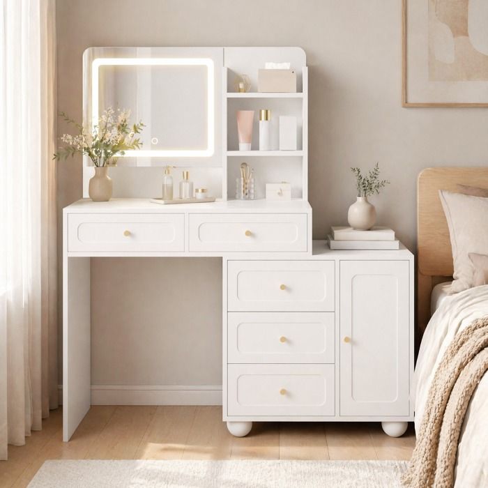 Coiffeuse avec Miroir LED Réglable 5 Tiroirs 1 Porte et 3 Étagères pour Chambre Bambou et MDF 80×39 8×127 cm Blanc - UVRION