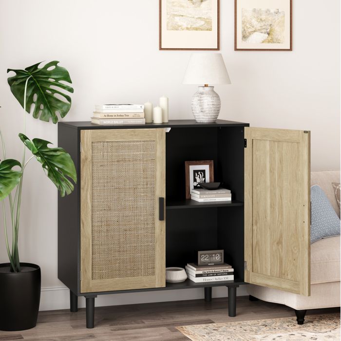 Buffet 2 Portes En MDF Noir Meuble De Rangement Rotin FloraGrace Pour Salon Salle A Manger Entree Facile A Assembler 80x40x88cm