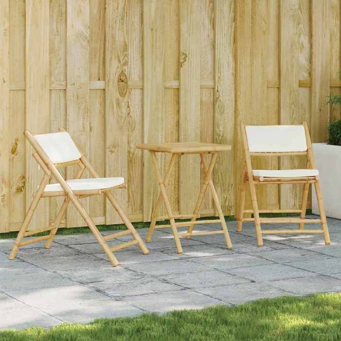 VIDAXL Ensemble Table bar avec chaises pliante (3 pcs) - ANTI-UV - et coussins - blanc crème bambou 55x55x75 cm M2665