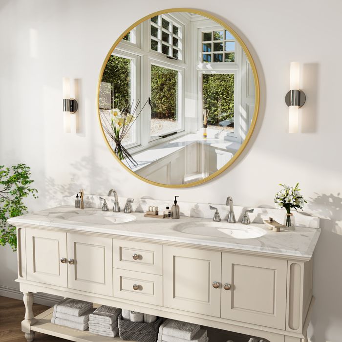 Miroir Mural Ø75cm Miroir Rond avec Cadre en Métal Miroir Décoratif Mobilier moderne Pour Salle de Bain Chambre Salon Doré