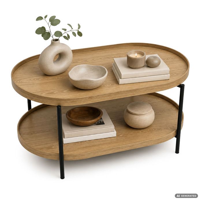 Table basse style loft CORTADO 90 cm ovale avec étagère bois naturel pieds noirs Table basse style loft CORTADO 90 cm ovale avec étagère bois naturel pieds noirs