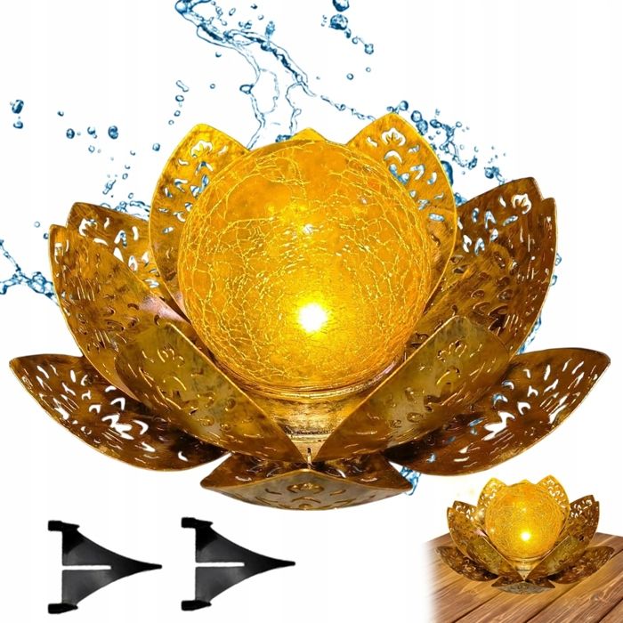 Lampe solaire lotus-IP65-600mAh-12V-lumière chaude-20×20cm-métal-or-décorative-jardin/terrasse/pelouse-allée