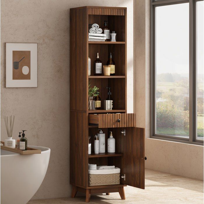 Colonne de Salle de Bain 40×36×172 cm avec Tiroir Porte Réversible et Fermeture Douce - BEAUNIV - Noyer MDF