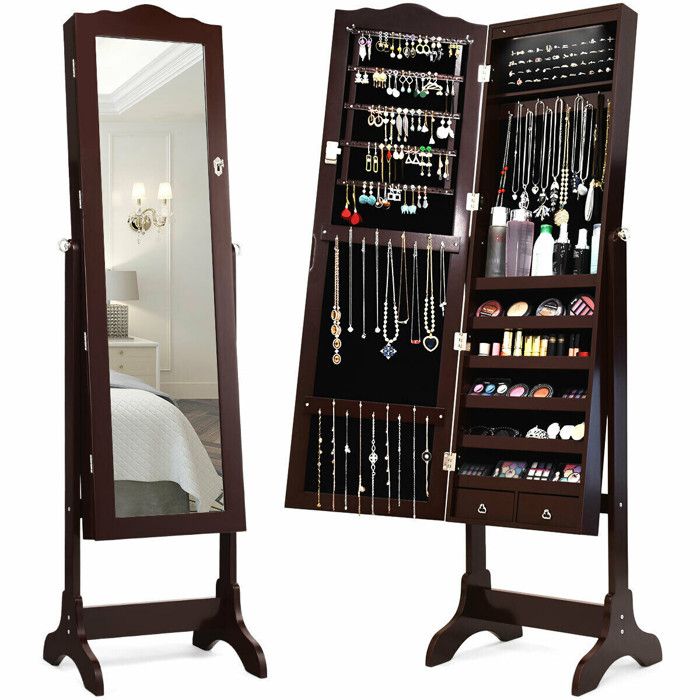 14 LED et 4 Inclinaisons Armoire à Bijoux sur Pied Miroir Rangement Sécurisé Bagues Colliers pour Chambre Café