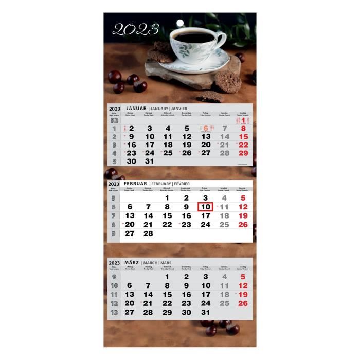 Calendrier Mural 2026 - 3 Mois Par Page, Curseur Rouge, 4 Langues - Format 24x45 Cm - 7