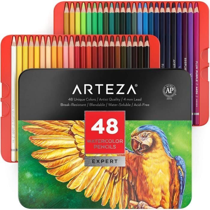 Arteza Crayons de Couleur Aquarelle en Bois Boîte Rangement Métal Set