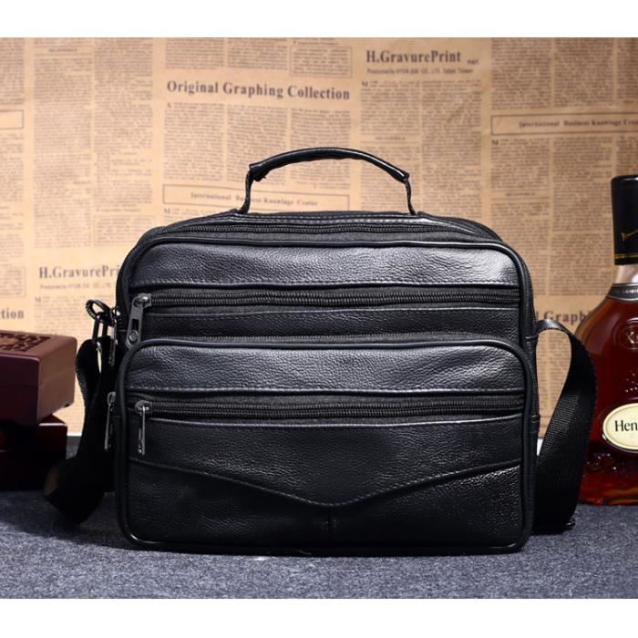Sacoche En Cuir Véritable Pour Homme - Grande Capacité - Bandoulière Réglable - Noir - Neuf