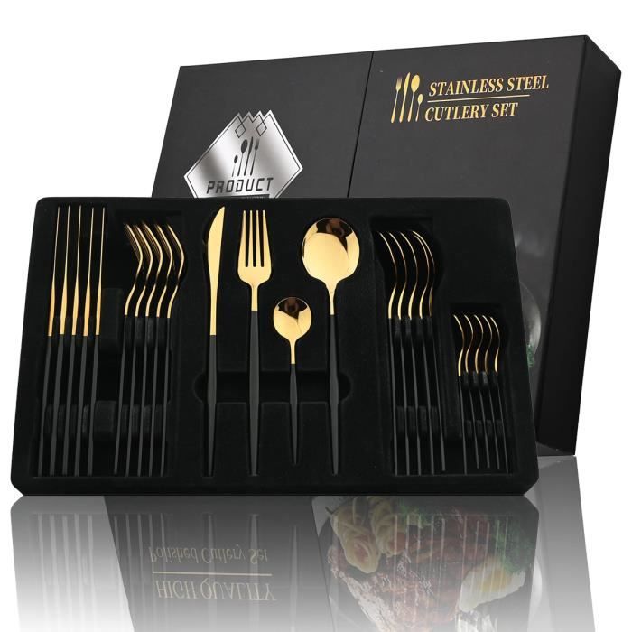 Ensemble de couverts - 24 pièces - Acier inoxydable - Dorés à manche noir - Idéal cadeau/festival