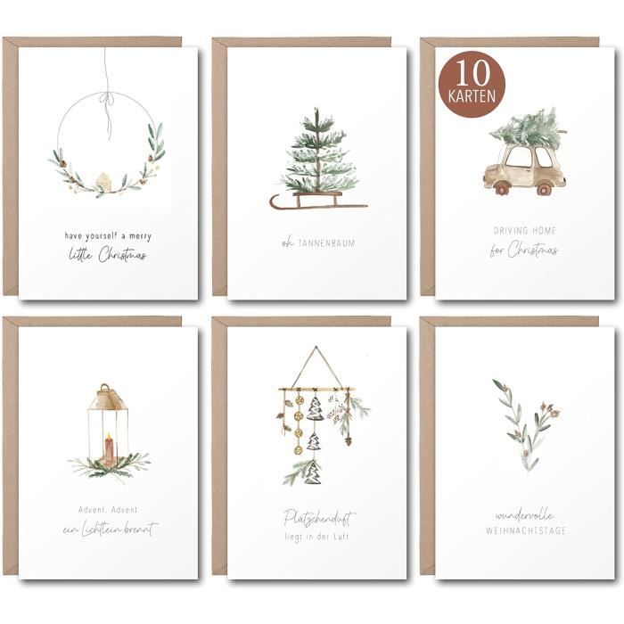 Set de 10 cartes de Noël Sapin de Noël - 10 motifs différents, avec  enveloppe, 10 pièces