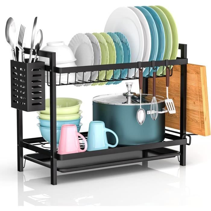 Égouttoir à Vaisselle 2 Niveaux En Inox Noir - Avec Bac Récupérateur Amovible Et Porte-couverts, Rangement Cuisine Pratique